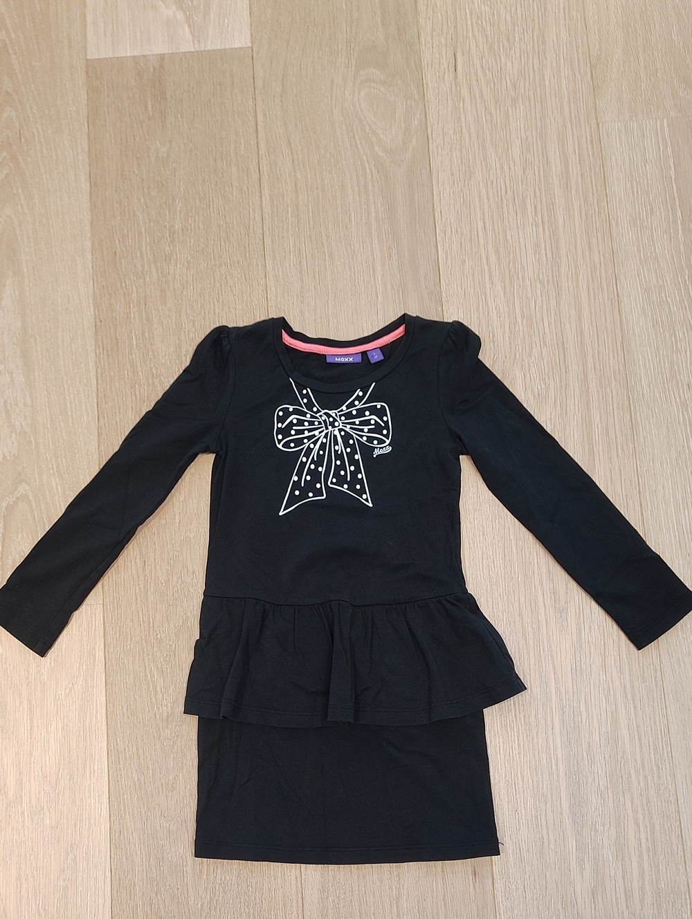 Mexx Black Long-Sleeve Peplum Dress with White Bow Graphic